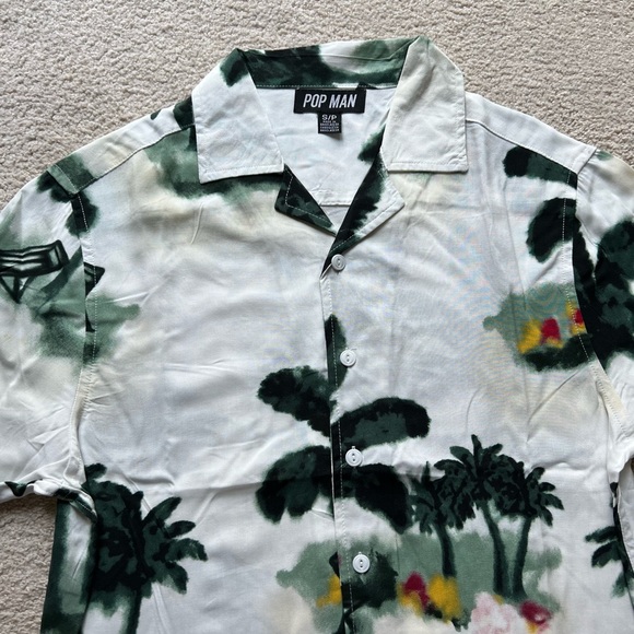 Pop Man Men's Short Sleeve Button Up Shirt Palm Tree Beach Print Green White S - Picture 3 of 13